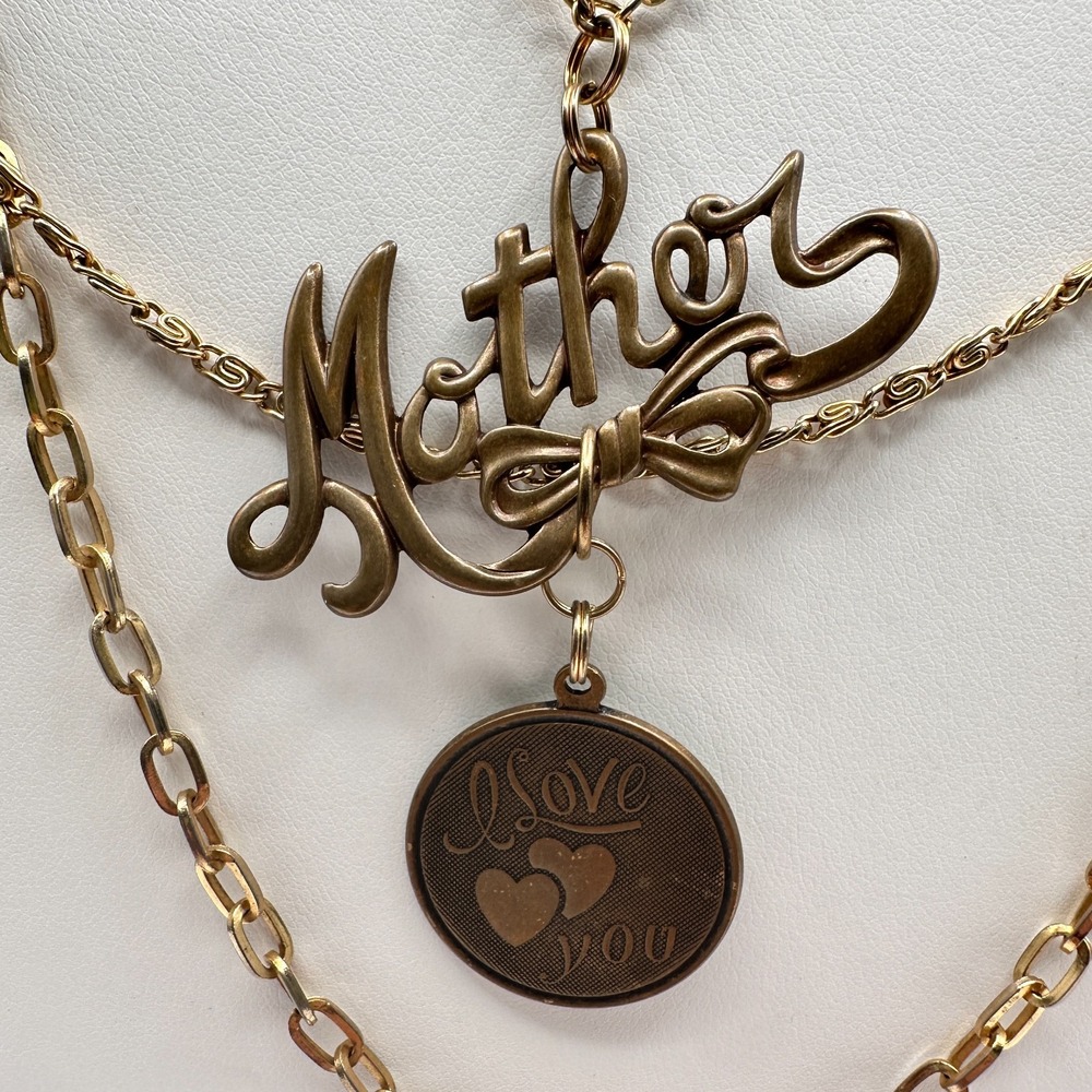 Vintage 80s Gold Tone Mother Love Pendant Layered Chain Necklace